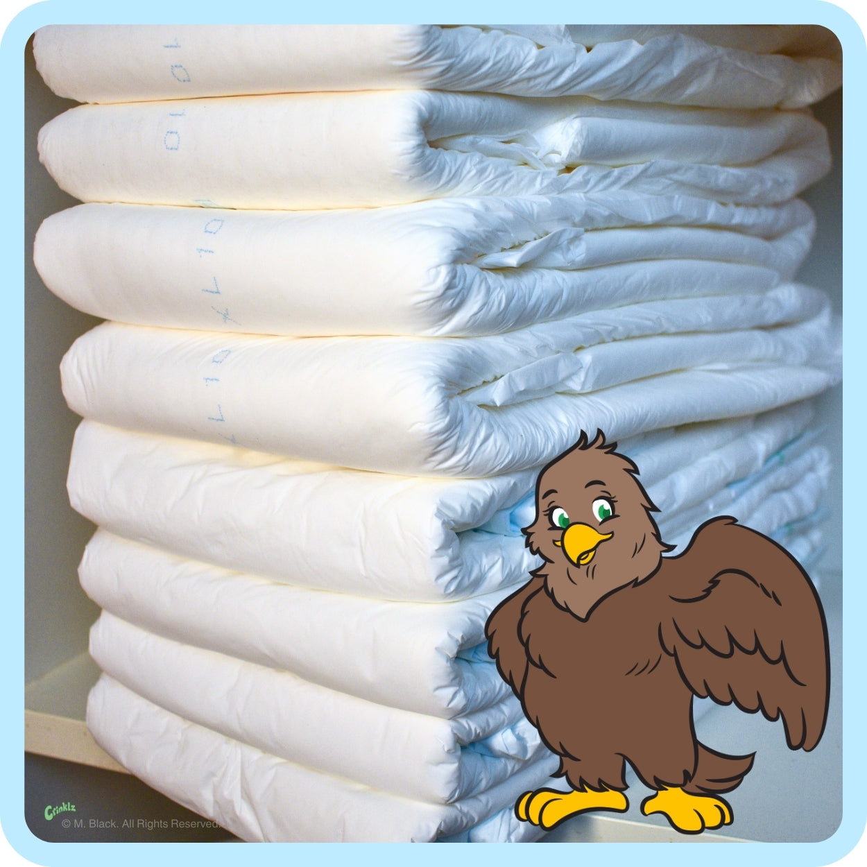 A stack of BetterDry adult diapers with Alma the Eagle posing in front of them.