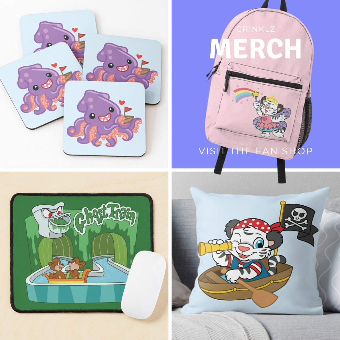 Image of Crinklz-themed merchandise. Coasters with a Buccaneer print kraken, a fairy Crinklz the tiger backpack, a Ghost Train potty monster mousepad, and a pillow with Crinklz the tiger dressed as a pirate crew.