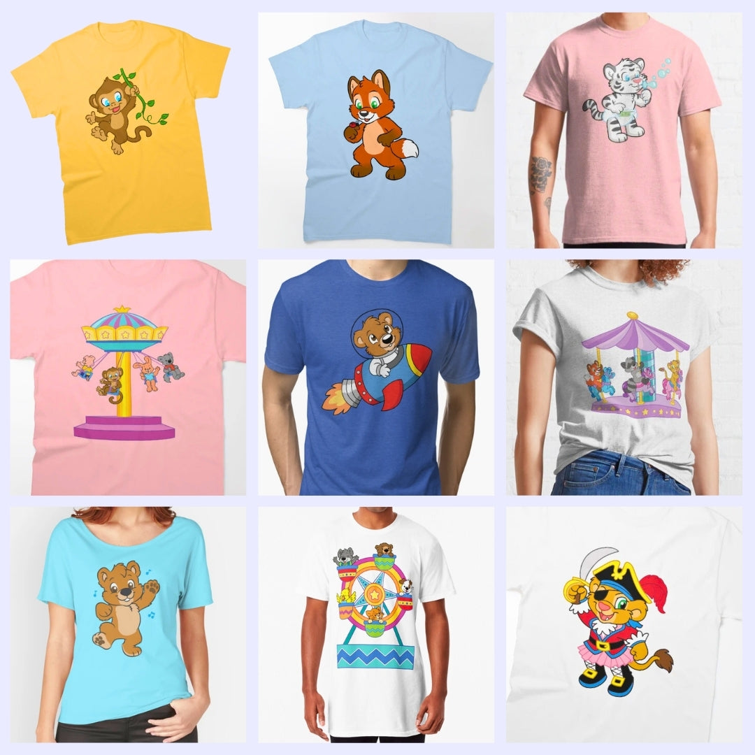 Images of t-shirts with Crinklz characters on them. There's Max the monkey swinging on a vine, Theo the bear dancing, Crinklz the tiger blowing bubbles, Felix the fox looking at a ladybug, Leah the lion as a pirate queen, and Theo in a rocket ship.  The other t-shirts have groups: Felix, a racoon, and Leah playing on a merry-go-round, a group on a Ferris wheel, and others on a fairground swing.