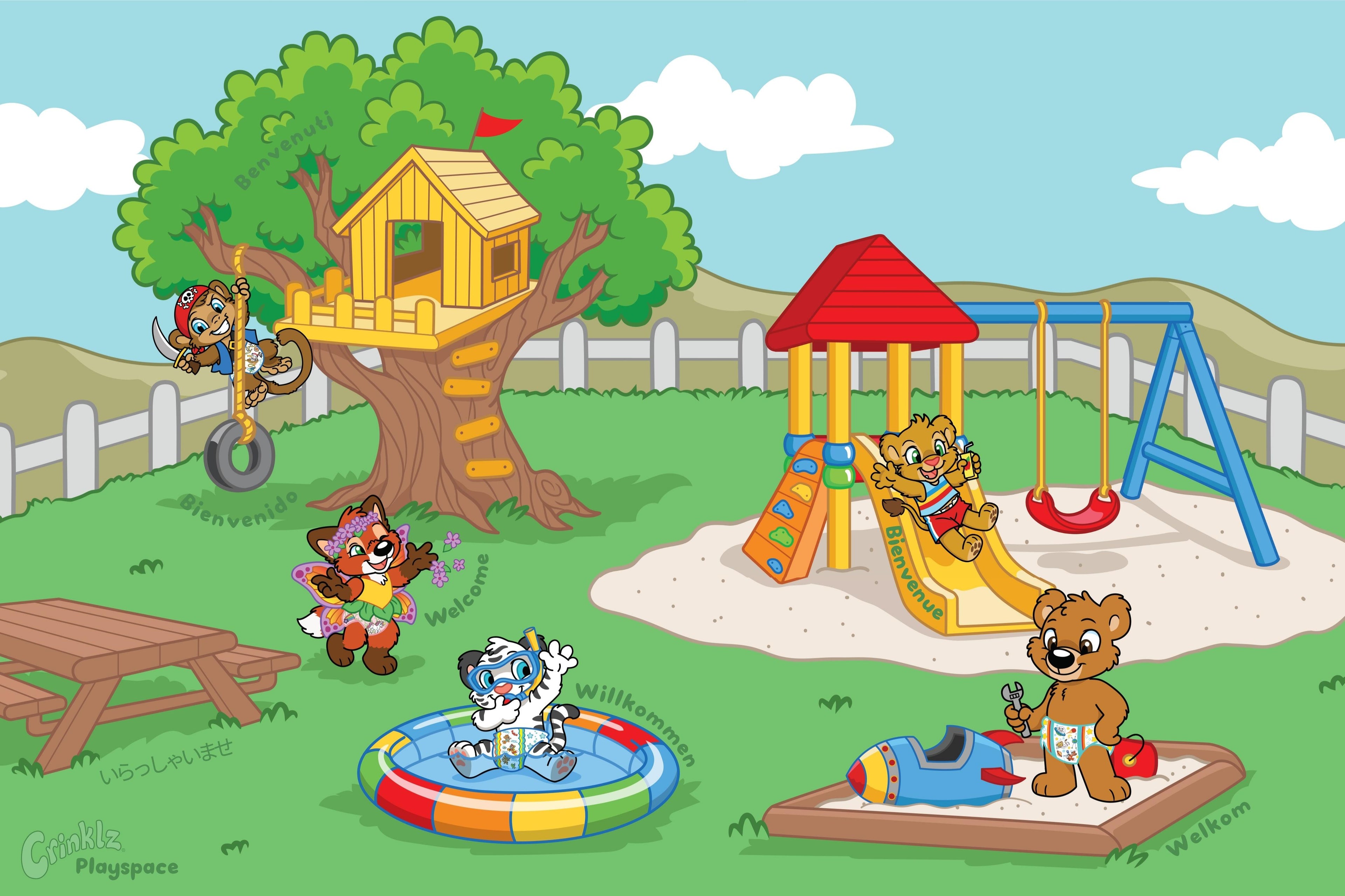 Welcome to the Crinklz website! This is an illustration of the Crinklz crew playing in the yard. Max the monkey is swinging on a tire swing. Felix the fox is dressed as a fairy, tossing flowers. Crinklz the tiger is snorkeling in a kiddie pool. Leah the lion is sliding down a slide. Theo the bear is fixing a rocket in a sandbox.